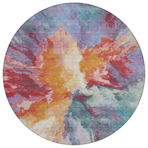 HomeRoots 5' Vibrant Abstract Washable Area Rug in Orange Red and Teal Blue for Indoor & Outdoor Spaces 8' Round 615616