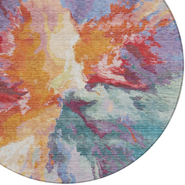 HomeRoots 5' Vibrant Abstract Washable Area Rug in Orange Red and Teal Blue for Indoor & Outdoor Spaces 8' Round 615616