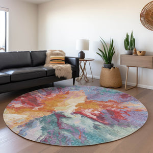 HomeRoots 5' Vibrant Abstract Washable Area Rug in Orange Red and Teal Blue for Indoor & Outdoor Spaces 8' Round 615616