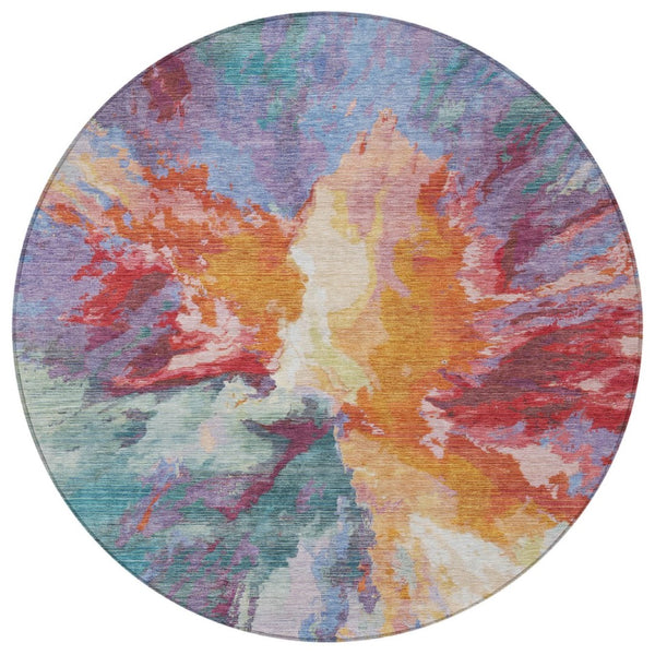 HomeRoots 5' Vibrant Abstract Washable Area Rug in Orange Red and Teal Blue for Indoor & Outdoor Spaces 8' Round 615616