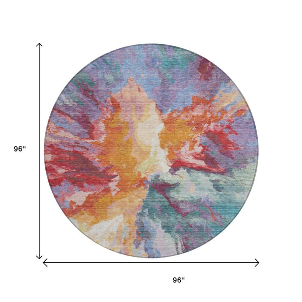 HomeRoots 5' Vibrant Abstract Washable Area Rug in Orange Red and Teal Blue for Indoor & Outdoor Spaces 8' Round 615616