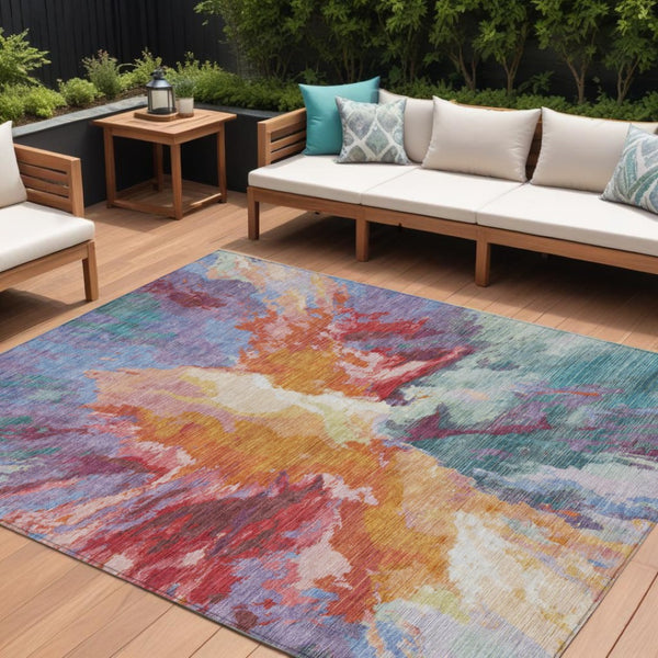HomeRoots 5' Vibrant Abstract Washable Area Rug in Orange Red and Teal Blue for Indoor & Outdoor Spaces 8' X 10' 615617