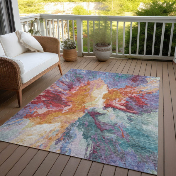 HomeRoots 5' Vibrant Abstract Washable Area Rug in Orange Red and Teal Blue for Indoor & Outdoor Spaces 10' X 14' 615619