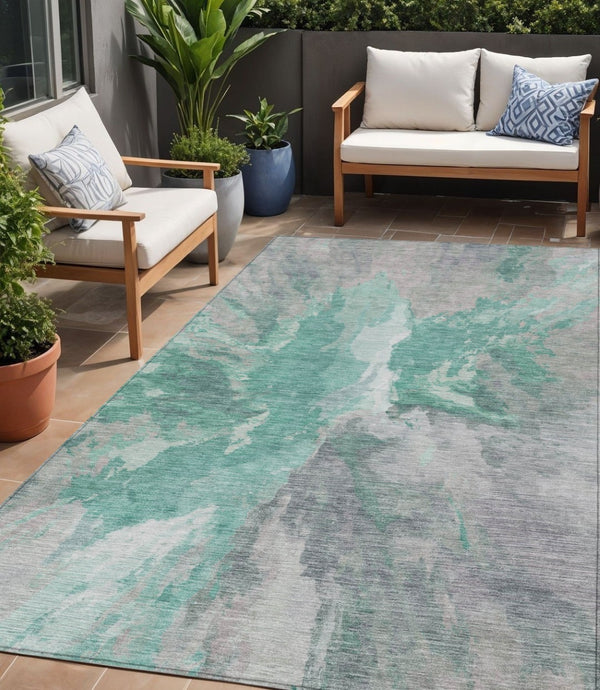 HomeRoots 5' Teal Blue and Lavender Abstract Indoor Outdoor Rug - Durable, Stain-Resistant, Machine Washable Style 5' X 8' 615627