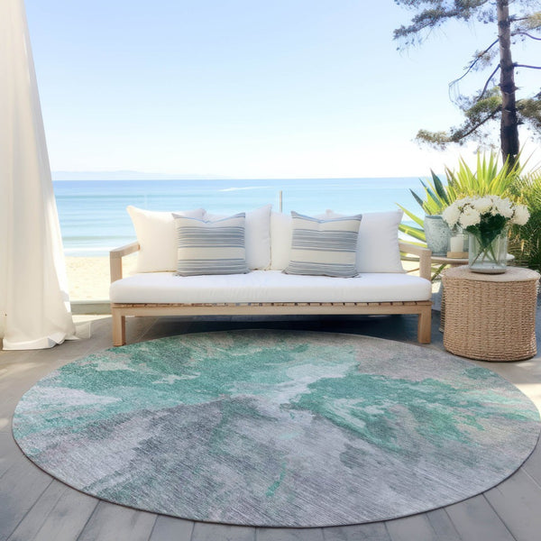HomeRoots 5' Teal Blue and Lavender Abstract Indoor Outdoor Rug - Durable, Stain-Resistant, Machine Washable Style 8' Round 615628