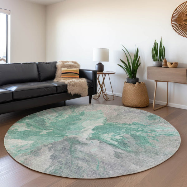 HomeRoots 5' Teal Blue and Lavender Abstract Indoor Outdoor Rug - Durable, Stain-Resistant, Machine Washable Style 8' Round 615628