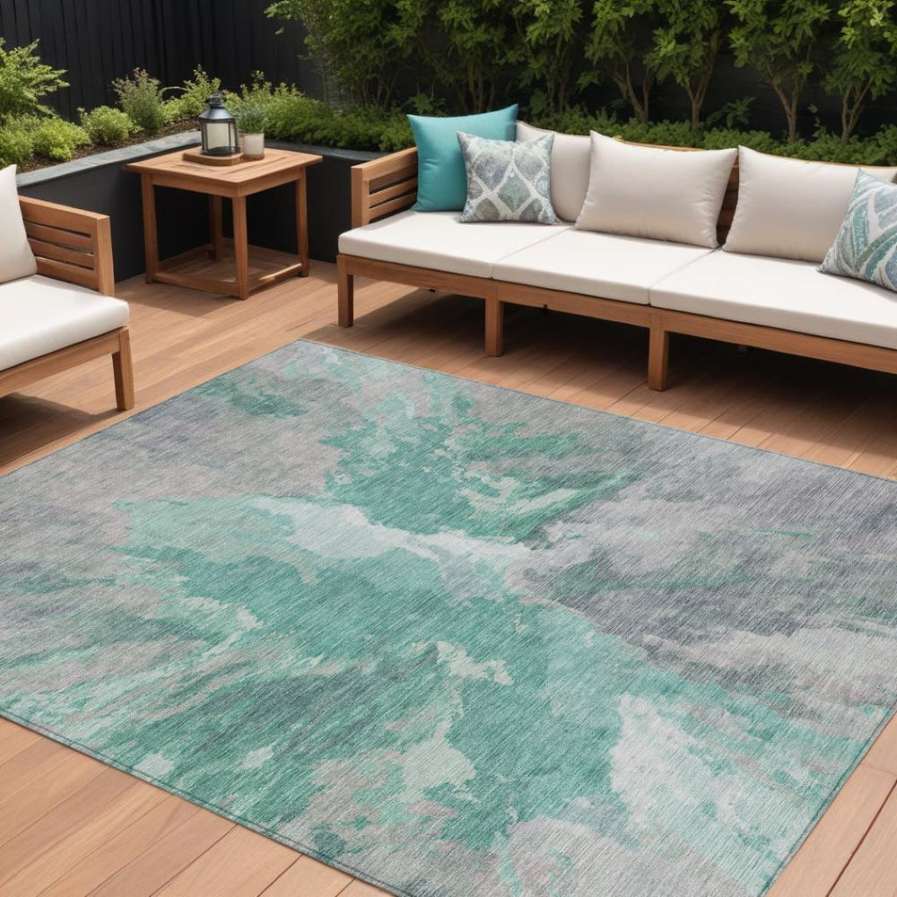 HomeRoots 5' Teal Blue and Lavender Abstract Indoor Outdoor Rug - Durable, Stain-Resistant, Machine Washable Style 8' X 10' 615629
