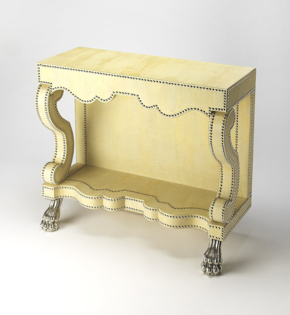 Butler Specialty Bonino Art Nouveau Leather Console Table With Sculptural Design And Polished Aluminum Accents Cream,Yellow Leather,Pvc,Mdf,Nickel Tacks,Aluminum 6156350-butler