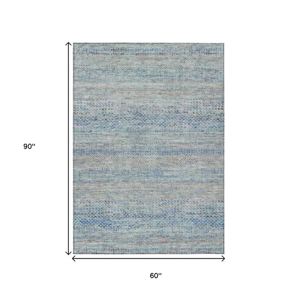 HomeRoots 5' Blue and Charcoal Striped Washable Area Rug for Indoor and Outdoor Spaces - Durable & Stylish 5' X 8' 615657