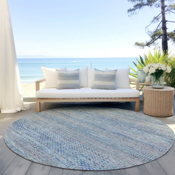 HomeRoots 5' Blue and Charcoal Striped Washable Area Rug for Indoor and Outdoor Spaces - Durable & Stylish 8' Round 615658