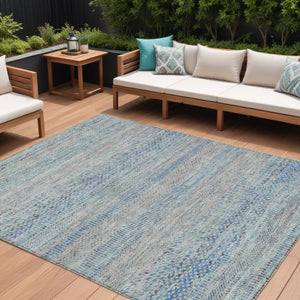HomeRoots 5' Blue and Charcoal Striped Washable Area Rug for Indoor and Outdoor Spaces - Durable & Stylish 8' X 10' 615659