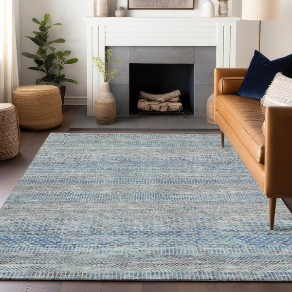 HomeRoots 5' Blue and Charcoal Striped Washable Area Rug for Indoor and Outdoor Spaces - Durable & Stylish 9' X 12' 615660