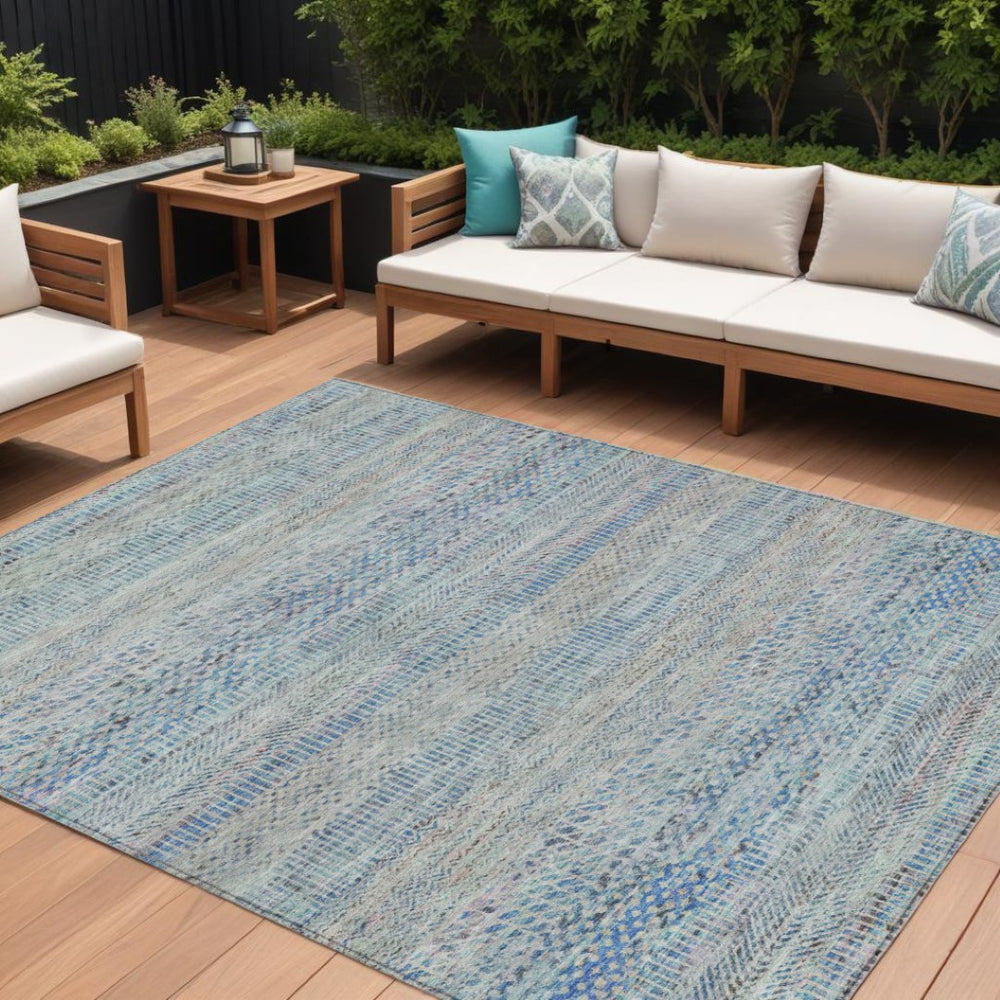 HomeRoots 5' Blue and Charcoal Striped Washable Area Rug for Indoor and Outdoor Spaces - Durable & Stylish 10' X 14' 615661