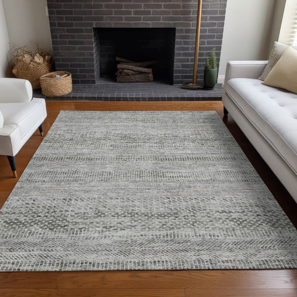 HomeRoots 5' Stylish Gray and Charcoal Striped Washable Area Rug for Indoor and Outdoor High-Traffic Areas 5' X 8' 615663