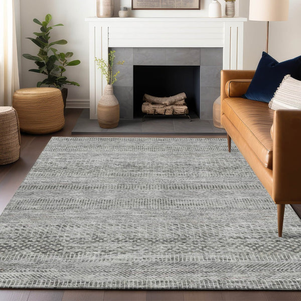 HomeRoots 5' Stylish Gray and Charcoal Striped Washable Area Rug for Indoor and Outdoor High-Traffic Areas 10' X 14' 615667