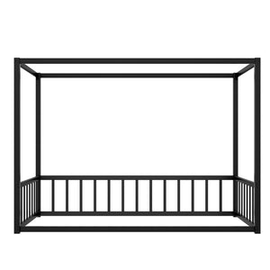 English Elm Twin Iron Frame Bed with Fence-Style Guardrails, Black Twin Low-Profile Sunshade Floor Bed, Sturdy Design W1858P282499