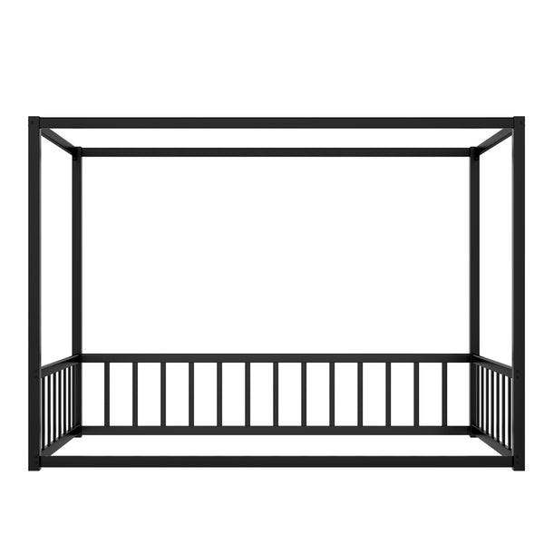 English Elm Twin Iron Frame Bed with Fence-Style Guardrails, Black Twin Low-Profile Sunshade Floor Bed, Sturdy Design W1858P282499