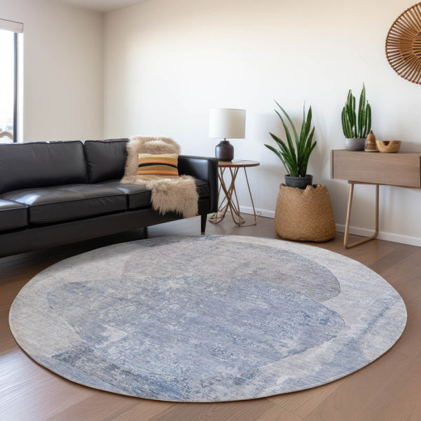 HomeRoots 5' Abstract Area Rug in Sky Blue and Denim Blue - Durable, Washable, Modern Design for Indoor/Outdoor Use 8' Round 615712