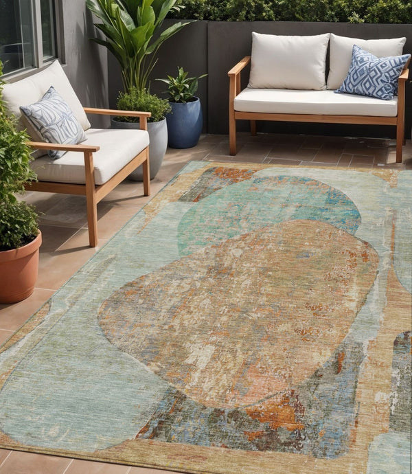 HomeRoots 5' Stylish Teal Blue & Copper Abstract Area Rug - Durable, Machine Washable for Indoor & Outdoor Use 5' X 8' 615717