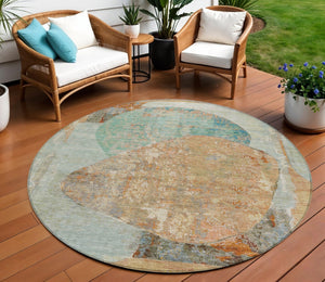 HomeRoots 5' Stylish Teal Blue & Copper Abstract Area Rug - Durable, Machine Washable for Indoor & Outdoor Use 8' Round 615718