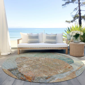 HomeRoots 5' Stylish Teal Blue & Copper Abstract Area Rug - Durable, Machine Washable for Indoor & Outdoor Use 8' Round 615718