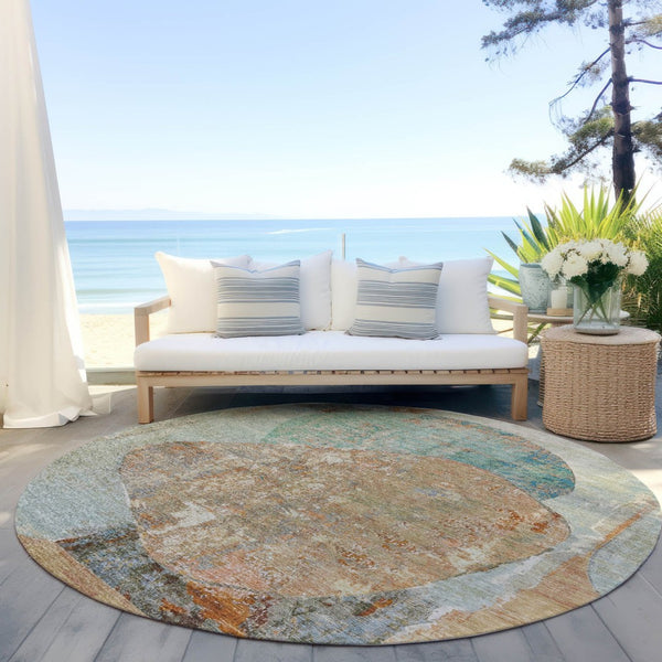 HomeRoots 5' Stylish Teal Blue & Copper Abstract Area Rug - Durable, Machine Washable for Indoor & Outdoor Use 8' Round 615718