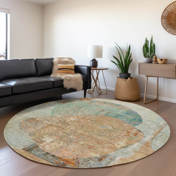 HomeRoots 5' Stylish Teal Blue & Copper Abstract Area Rug - Durable, Machine Washable for Indoor & Outdoor Use 8' Round 615718