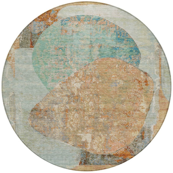 HomeRoots 5' Stylish Teal Blue & Copper Abstract Area Rug - Durable, Machine Washable for Indoor & Outdoor Use 8' Round 615718