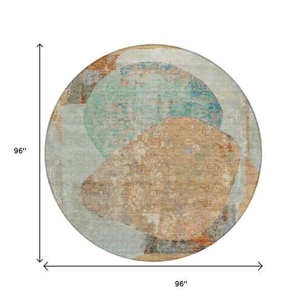 HomeRoots 5' Stylish Teal Blue & Copper Abstract Area Rug - Durable, Machine Washable for Indoor & Outdoor Use 8' Round 615718