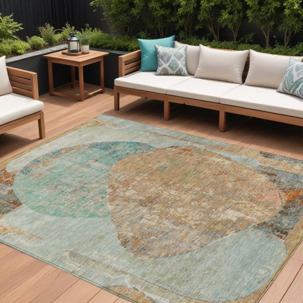 HomeRoots 5' Stylish Teal Blue & Copper Abstract Area Rug - Durable, Machine Washable for Indoor & Outdoor Use 8' X 10' 615719