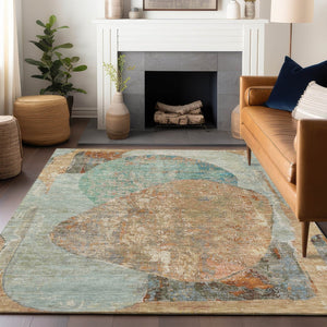 HomeRoots 5' Stylish Teal Blue & Copper Abstract Area Rug - Durable, Machine Washable for Indoor & Outdoor Use 9' X 12' 615720