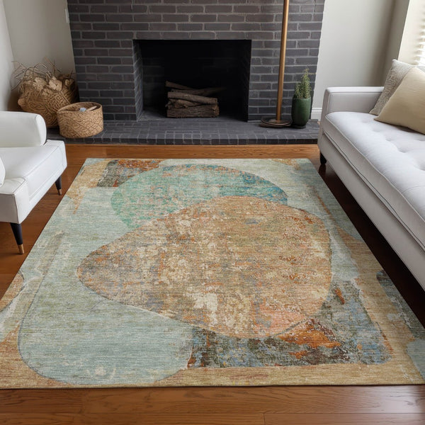 HomeRoots 5' Stylish Teal Blue & Copper Abstract Area Rug - Durable, Machine Washable for Indoor & Outdoor Use 9' X 12' 615720