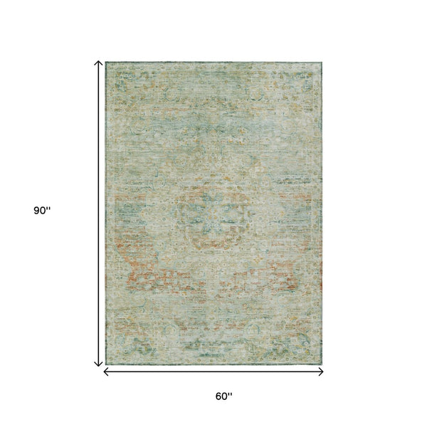 HomeRoots 5' Elegant Sage and Copper Medallion Indoor-Outdoor Area Rug, Washable, Durable, Easy Care Solution 5' X 8' 615735