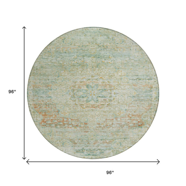HomeRoots 5' Elegant Sage and Copper Medallion Indoor-Outdoor Area Rug, Washable, Durable, Easy Care Solution 8' Round 615736