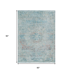 HomeRoots 5' Sky Blue and Blush Medallion Area Rug - Durable, Washable Indoor/Outdoor Design for Elegant Spaces 5' X 8' 615741