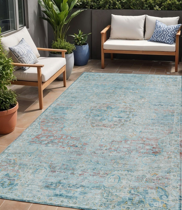 HomeRoots 5' Sky Blue and Blush Medallion Area Rug - Durable, Washable Indoor/Outdoor Design for Elegant Spaces 5' X 8' 615741
