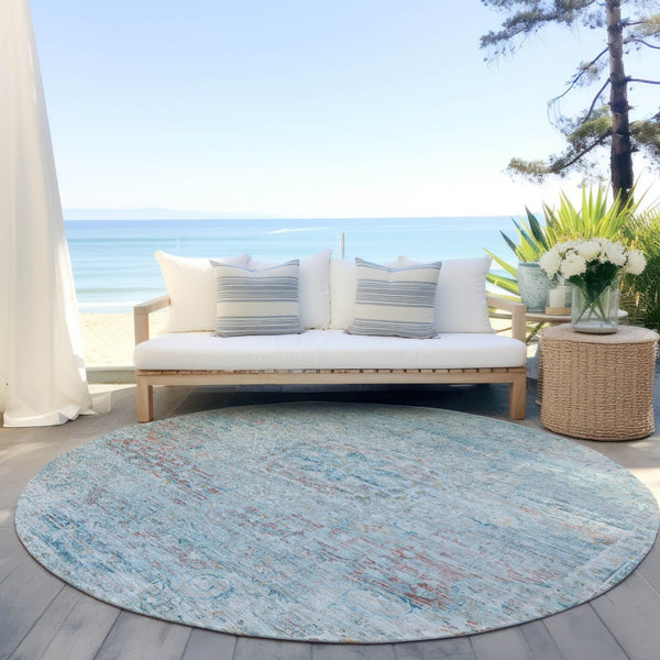 HomeRoots 5' Sky Blue and Blush Medallion Area Rug - Durable, Washable Indoor/Outdoor Design for Elegant Spaces 8' Round 615742