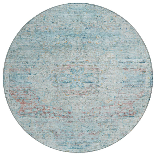 HomeRoots 5' Sky Blue and Blush Medallion Area Rug - Durable, Washable Indoor/Outdoor Design for Elegant Spaces 8' Round 615742