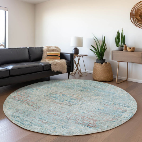 HomeRoots 5' Sky Blue and Blush Medallion Area Rug - Durable, Washable Indoor/Outdoor Design for Elegant Spaces 8' Round 615742