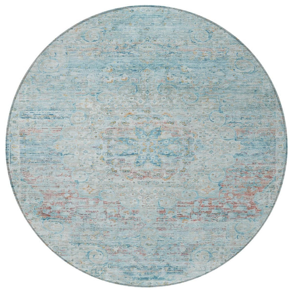 HomeRoots 5' Sky Blue and Blush Medallion Area Rug - Durable, Washable Indoor/Outdoor Design for Elegant Spaces 8' Round 615742