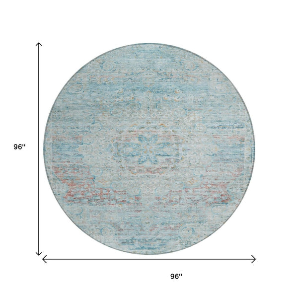 HomeRoots 5' Sky Blue and Blush Medallion Area Rug - Durable, Washable Indoor/Outdoor Design for Elegant Spaces 8' Round 615742