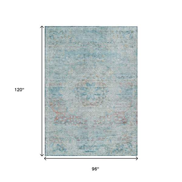 HomeRoots 5' Sky Blue and Blush Medallion Area Rug - Durable, Washable Indoor/Outdoor Design for Elegant Spaces 8' X 10' 615743