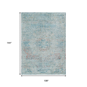 HomeRoots 5' Sky Blue and Blush Medallion Area Rug - Durable, Washable Indoor/Outdoor Design for Elegant Spaces 9' X 12' 615744