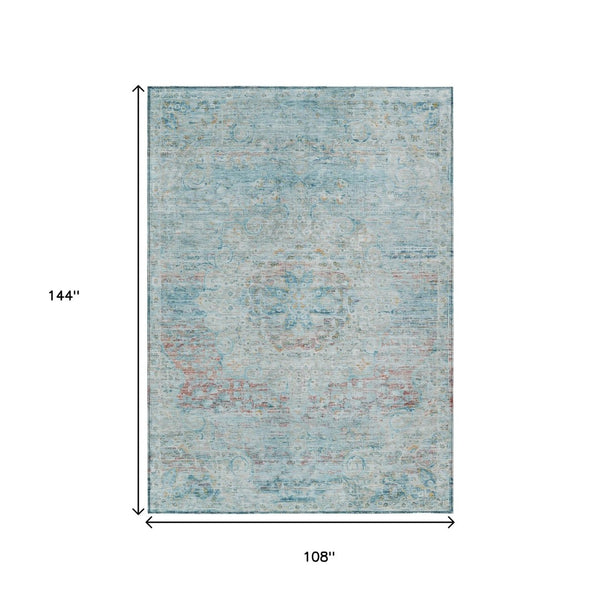 HomeRoots 5' Sky Blue and Blush Medallion Area Rug - Durable, Washable Indoor/Outdoor Design for Elegant Spaces 9' X 12' 615744