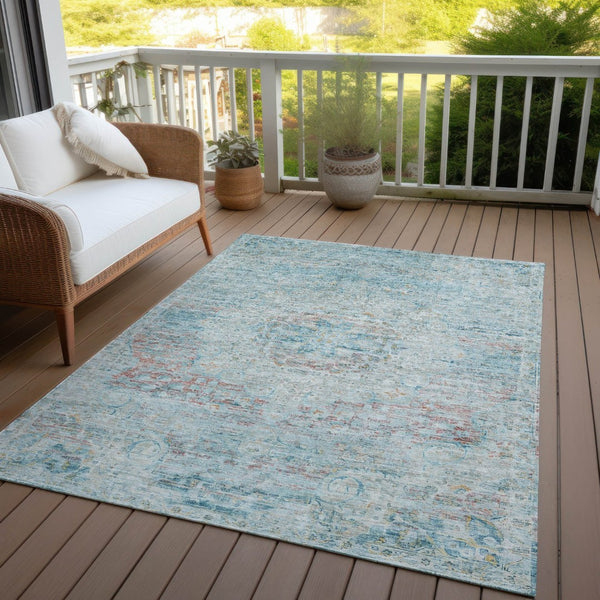 HomeRoots 5' Sky Blue and Blush Medallion Area Rug - Durable, Washable Indoor/Outdoor Design for Elegant Spaces 9' X 12' 615744