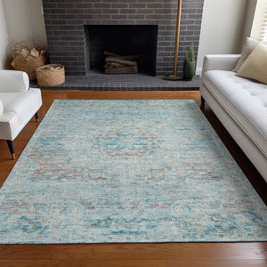 HomeRoots 5' Sky Blue and Blush Medallion Area Rug - Durable, Washable Indoor/Outdoor Design for Elegant Spaces 10' X 14' 615745