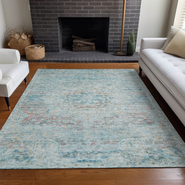 HomeRoots 5' Sky Blue and Blush Medallion Area Rug - Durable, Washable Indoor/Outdoor Design for Elegant Spaces 10' X 14' 615745