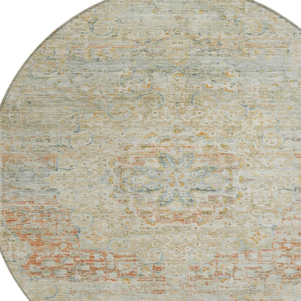 HomeRoots 5' Tan and Beige Medallion Area Rug - Washable, Durable, Stylish for Indoor and Outdoor Spaces 8' Round 615748