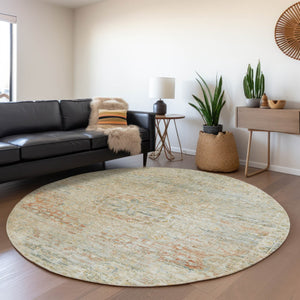 HomeRoots 5' Tan and Beige Medallion Area Rug - Washable, Durable, Stylish for Indoor and Outdoor Spaces 8' Round 615748