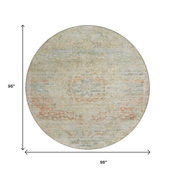 HomeRoots 5' Tan and Beige Medallion Area Rug - Washable, Durable, Stylish for Indoor and Outdoor Spaces 8' Round 615748
